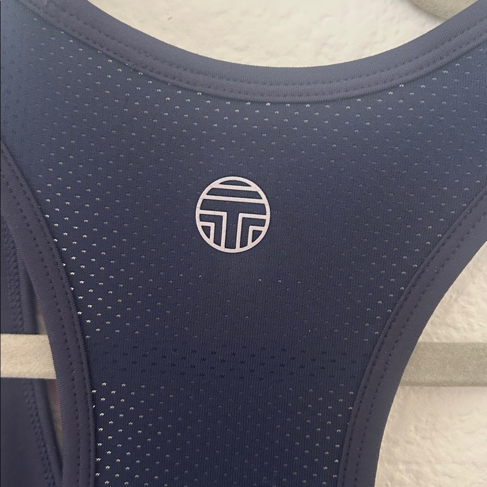Tory Burch Navy Blue Racerback Tank with Red, Pink & White Logo Stripes - Picture 5 of 5